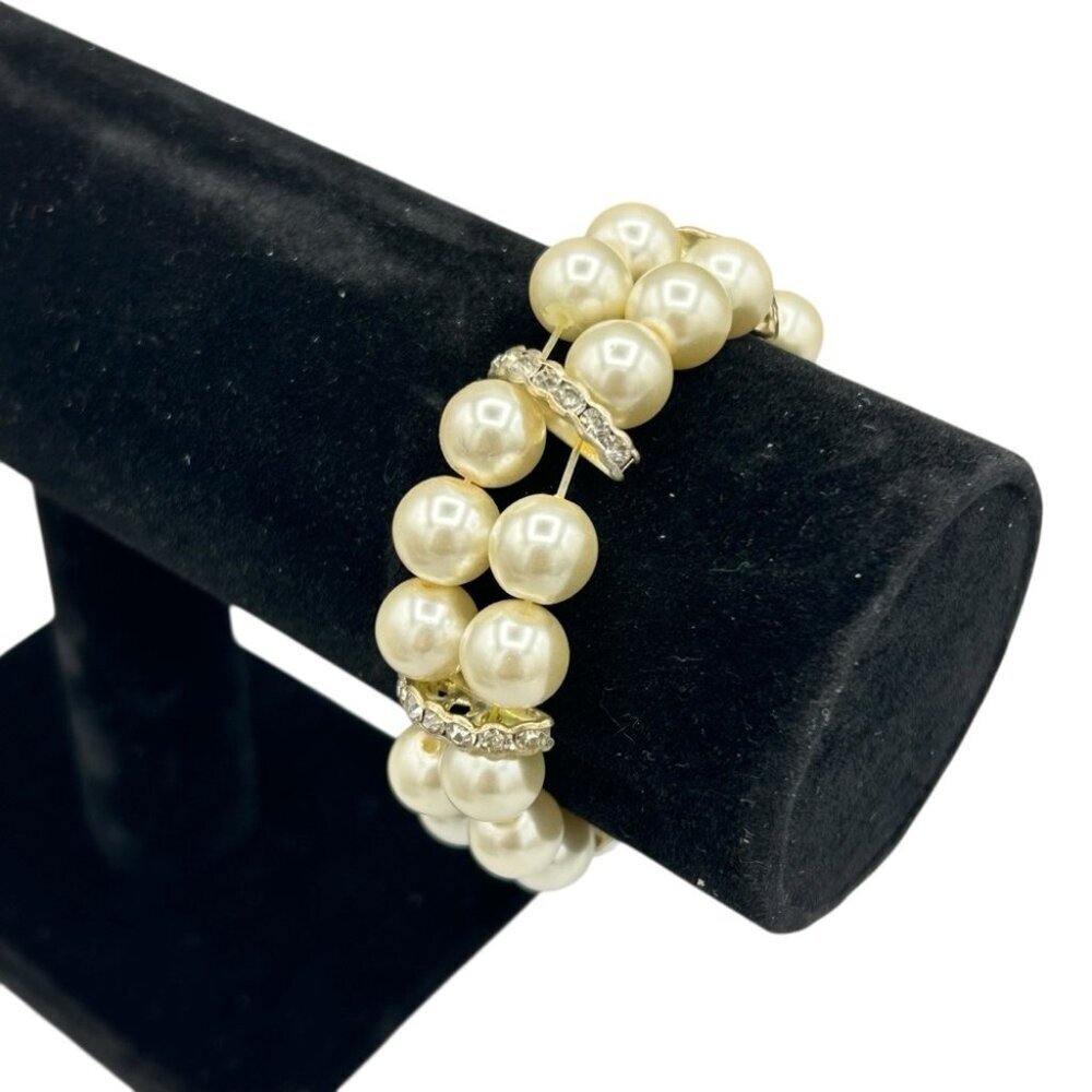Vintage Faux Pearl Double Strand Bracelet Rhinestone Spacers